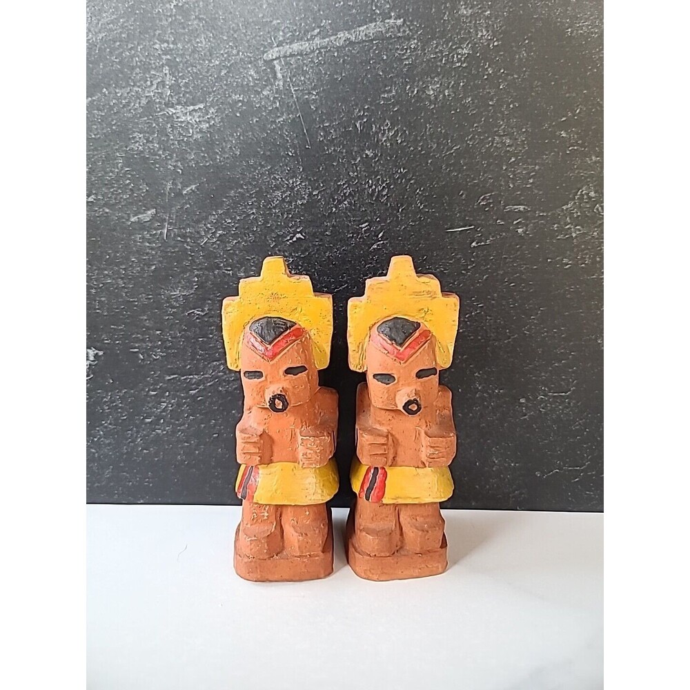 Vintage Clay Totem Style Salt And Pepper Shakers, READ